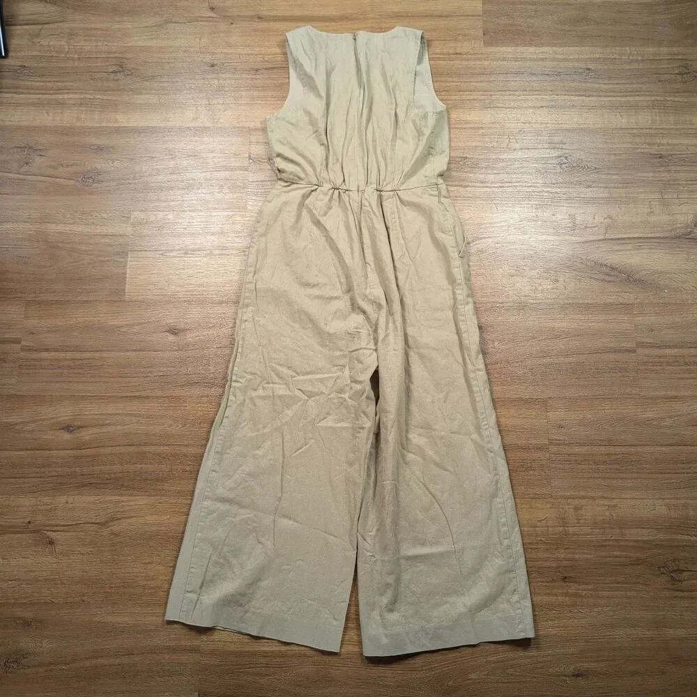 J. Crew V NEck Jumpsuit Women Size 4 Beige Linen Blend Wide Leg Cottagecore